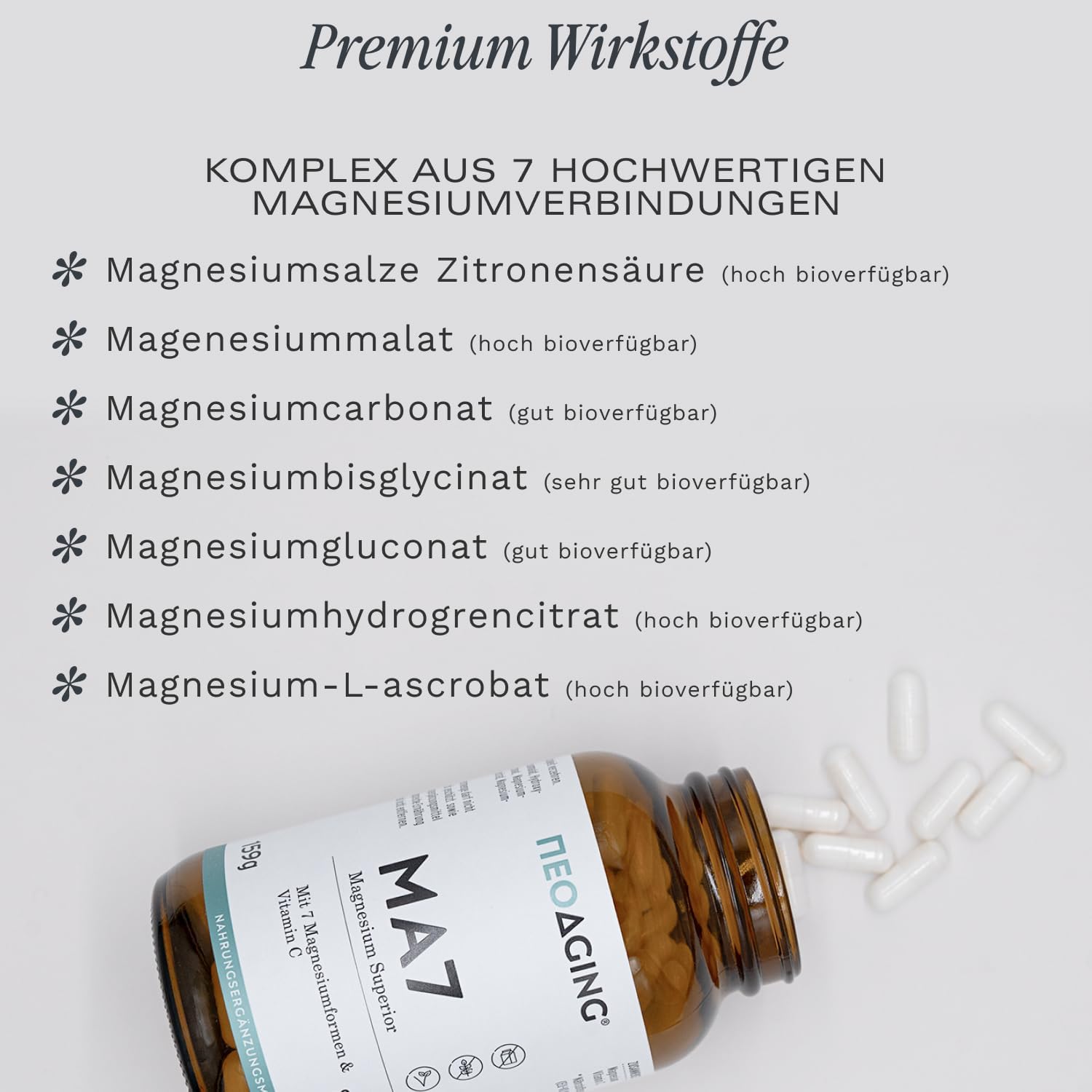 Magnesium 250 mg – NEOAGING Magnesium Superior - Complex with 7 Magensium Compounds - with Magnesium Bisglycinate & Magnesium Citrate - High Dose with 250 mg - Vegan & No Additives - Storage Pack of 180 Capsules – Bild 2