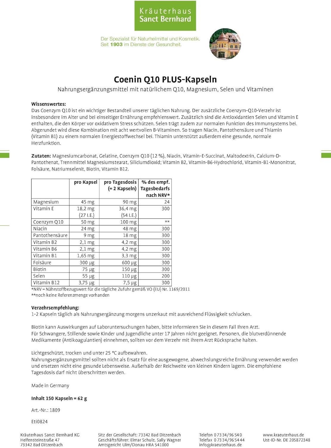 Magnesium Komplex mit B6 & Zink – Sanct Bernhard Coenin Q10 Plus Capsules Natural Q10 & Vitamin B Complex 150 Capsules – Bild 3