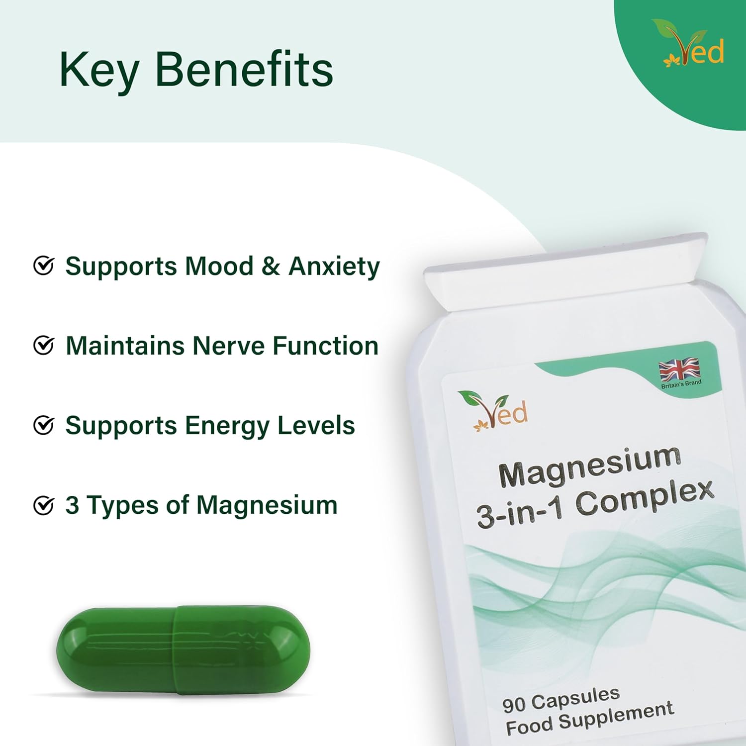 Magnesium Komplex mit B6 & Zink – Ved Magnesium 3-in-1 Complex Magnesium Bisglycinate Supplement 400 mg Oxide and Malate Triple High Absorption 384 mg Elementary 90 Capsules (Supply for 45 Days) – Bild 3