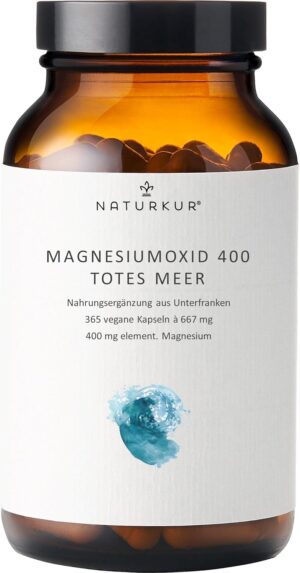 Magnesium 400 mg – Naturkur® Magnesium - 365 Capsules in Pharmacist Jar - 667mg of which 400mg Elementary Magnesium from the Dead Sea, Vegan, No Additives, Handmade in Lower Franconia