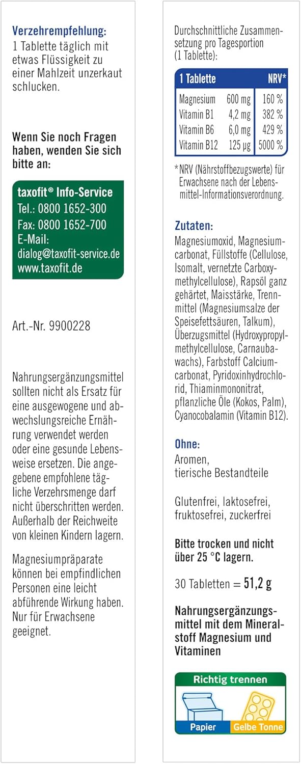 Magnesium 600 mg – taxofit Magnesium 600 Forte | 5 x 30 Tablets High Dose Magnesium 600 mg + Vitamin B1 + B6 + B12 | Magnesium Oxide & Magnesium Carbonate | for Muscles ¹, Heart² & Energy 4 | Magnesium Supply for 30 – Bild 9