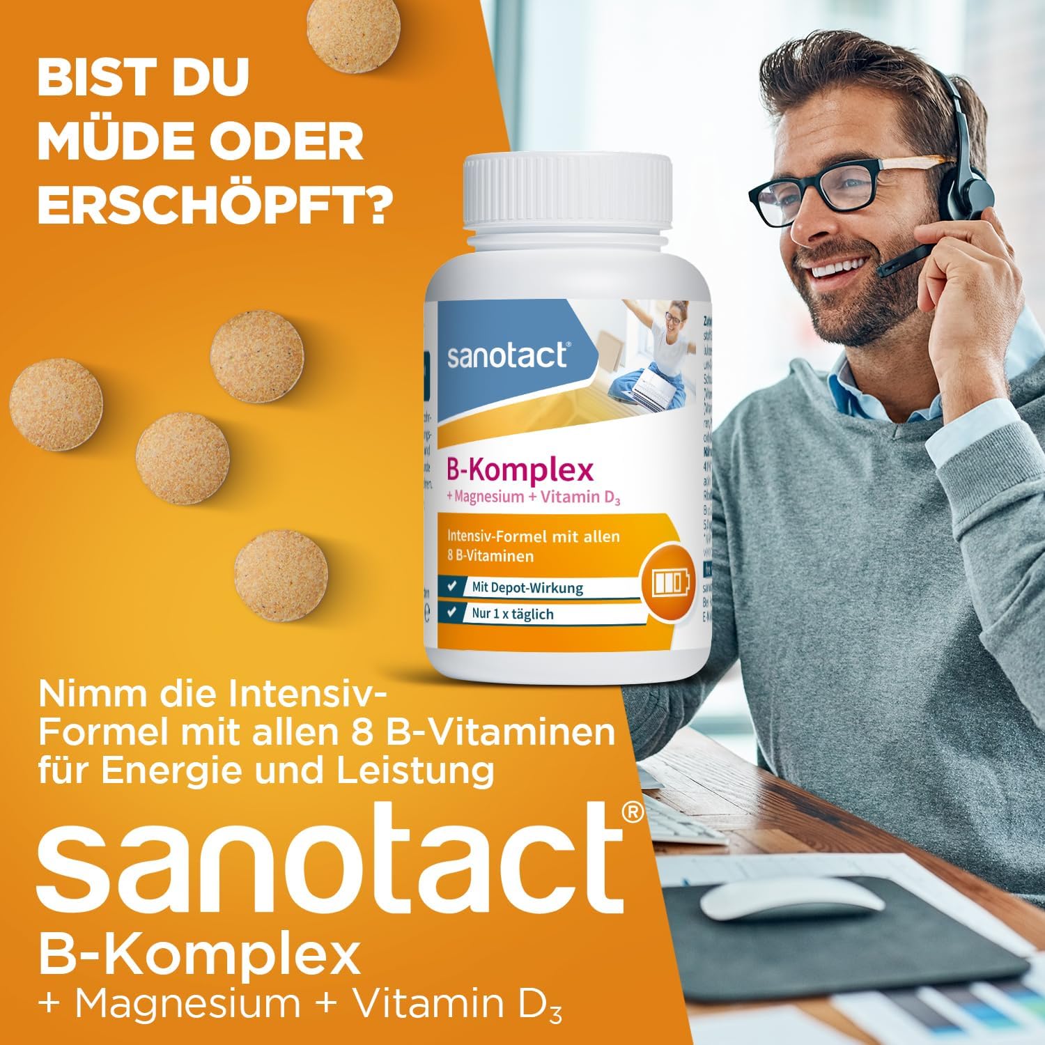 Magnesium Komplex mit B6 & Zink – sanotact B-Complex + Magnesium + Vitamin D3 180 Tablets | High Dose B Vitamins with Depot Effect | 100% Vegan – Bild 2