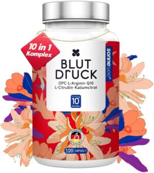 Magnesium Komplex mit B6 & Zink – 10-fold formula blood pressure complex 120 vegan capsules high dose with L-arginine, L-citrulline, potassium, OPC coenzyme Q10 & magnesium - laboratory tested