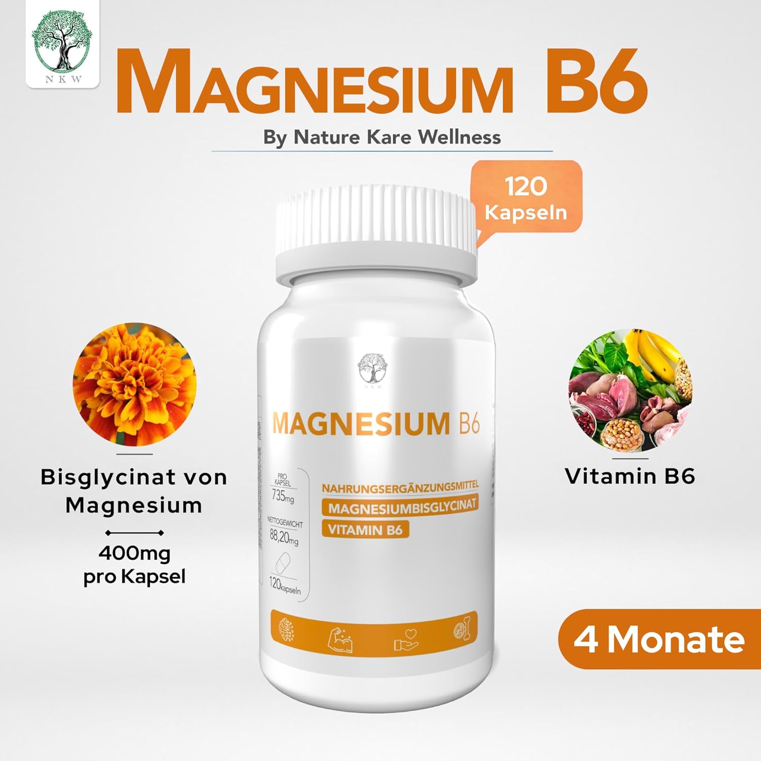 Magnesium 400 mg – Magnesium Bisglycinate Capsules + Vitamin B6 Magnesium Bisglycinate 400 mg Complex Magnesium High Dose Capsules Natural Elements – Bild 2