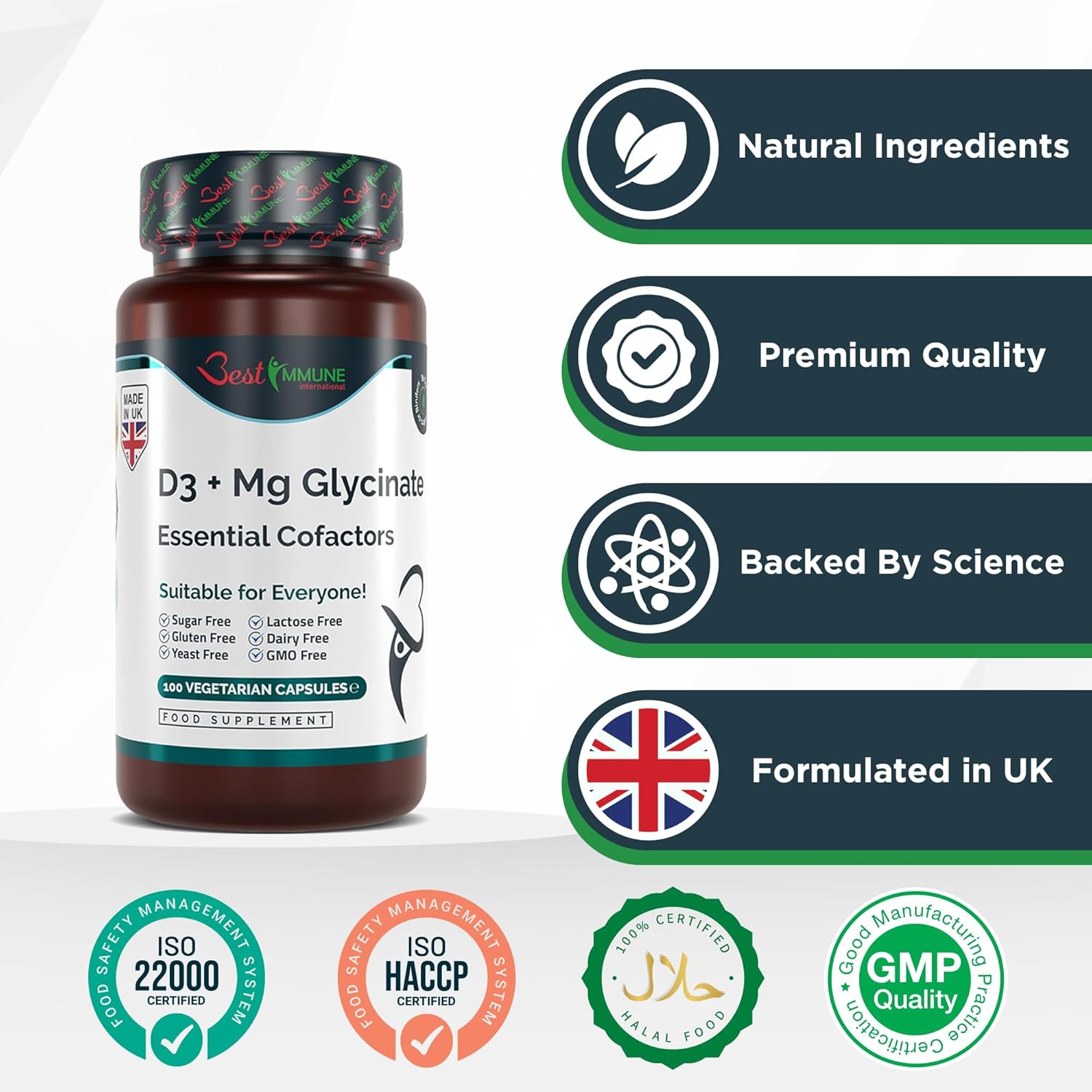Magnesium 400 mg – Magnesium Glycinate 400 mg + Vitamin D3 1000 IU 100 Vegetarian Capsules – Bild 4