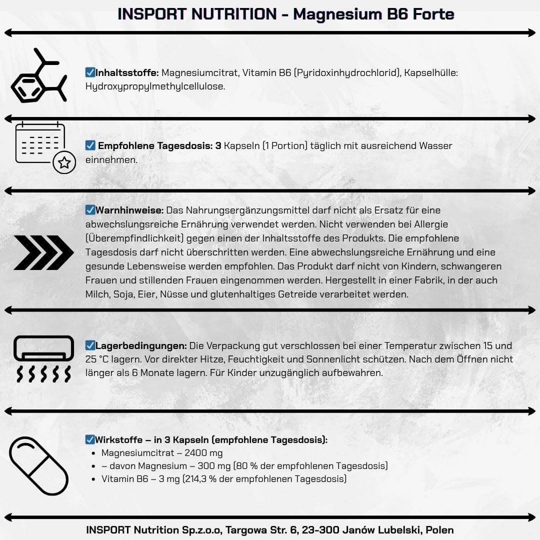 Magnesium Komplex mit B6 & Zink – Insport Magnesium B6 Forte with 300 mg Magnesium & 3 mg Vitamin B6 - High Dose Citrate Complex Against Muscle Cramps & Fatigue – Bild 4