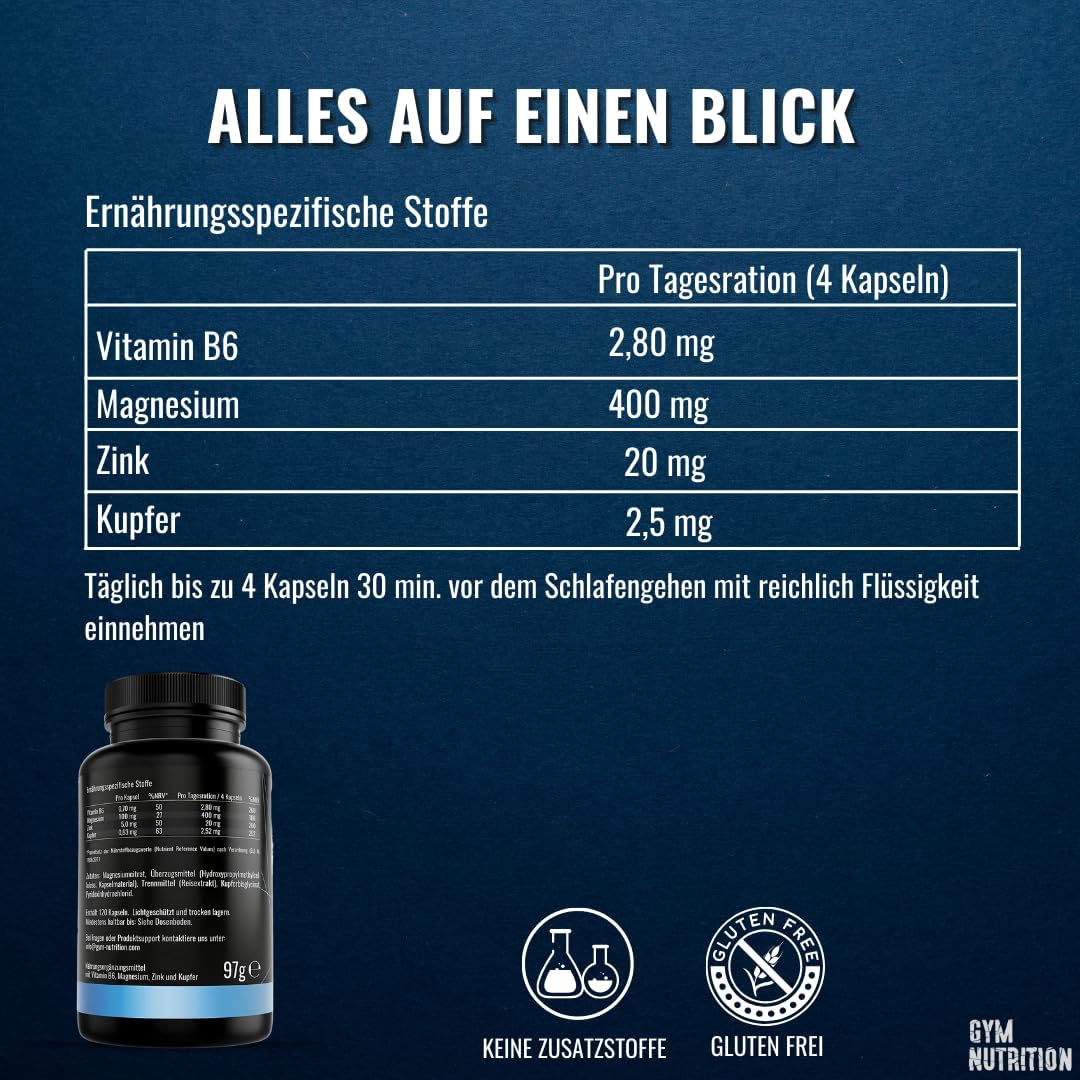 Magnesium 400 mg – ZMA High Dose - Zinc + Magnesium + Vitamin B6 Copper - High-Quality Complex in Premium Quality - Vegan - Made in Germany - Particularly Suitable for Athletes - 120 Vegan Capsules – Bild 6
