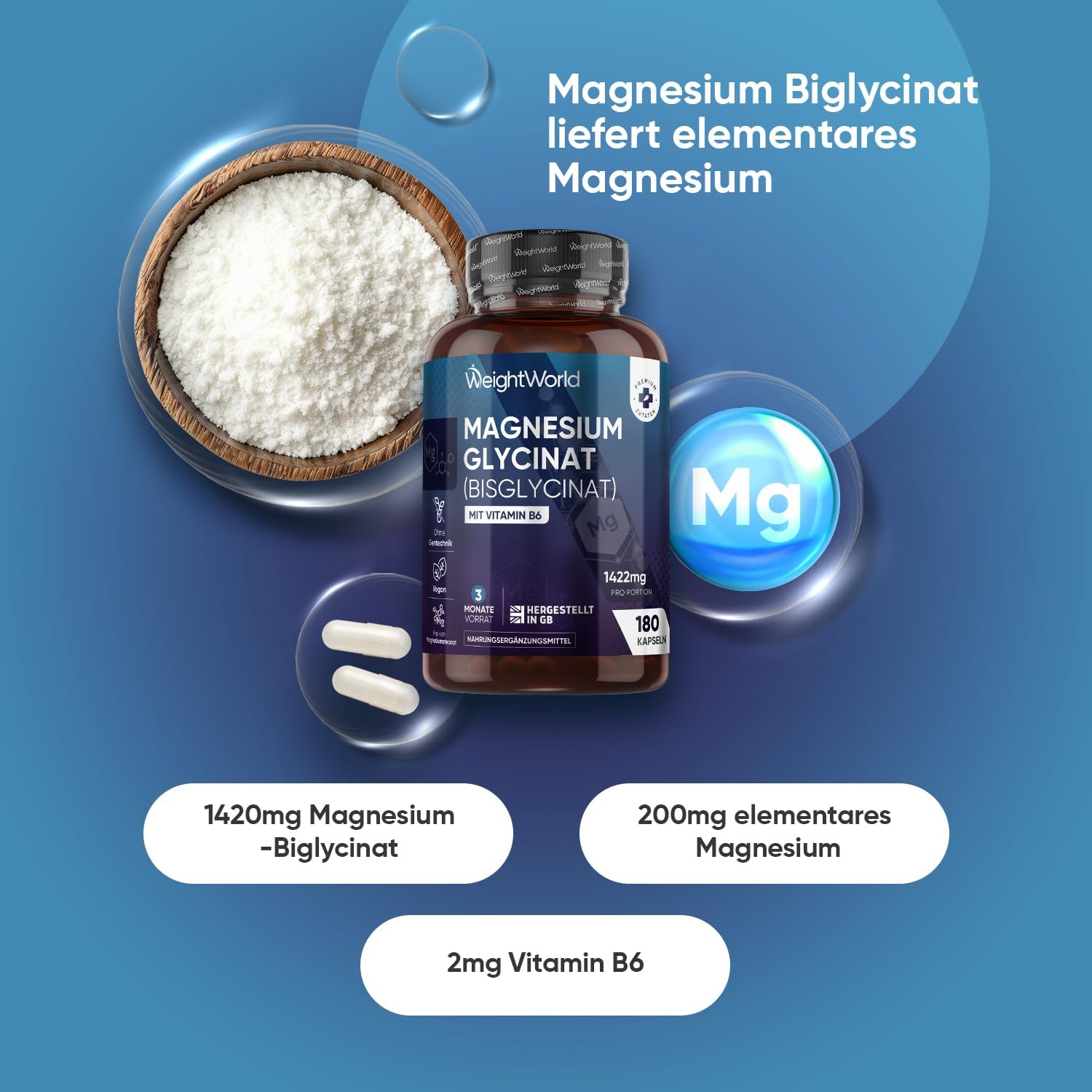Schlaf-Magnesium mit Melatonin – Natürlich einschlafen & durchschlafen – Magnesium Bisglycinate Capsules - 1420 mg Magnesium Bisglycinate with Vitamin B6-200 mg Element Magnesium - Glycinate Form - 180 Vegan Capsules - 3 Months Supply - Alternative to Powder - WeightWorld – Bild 2