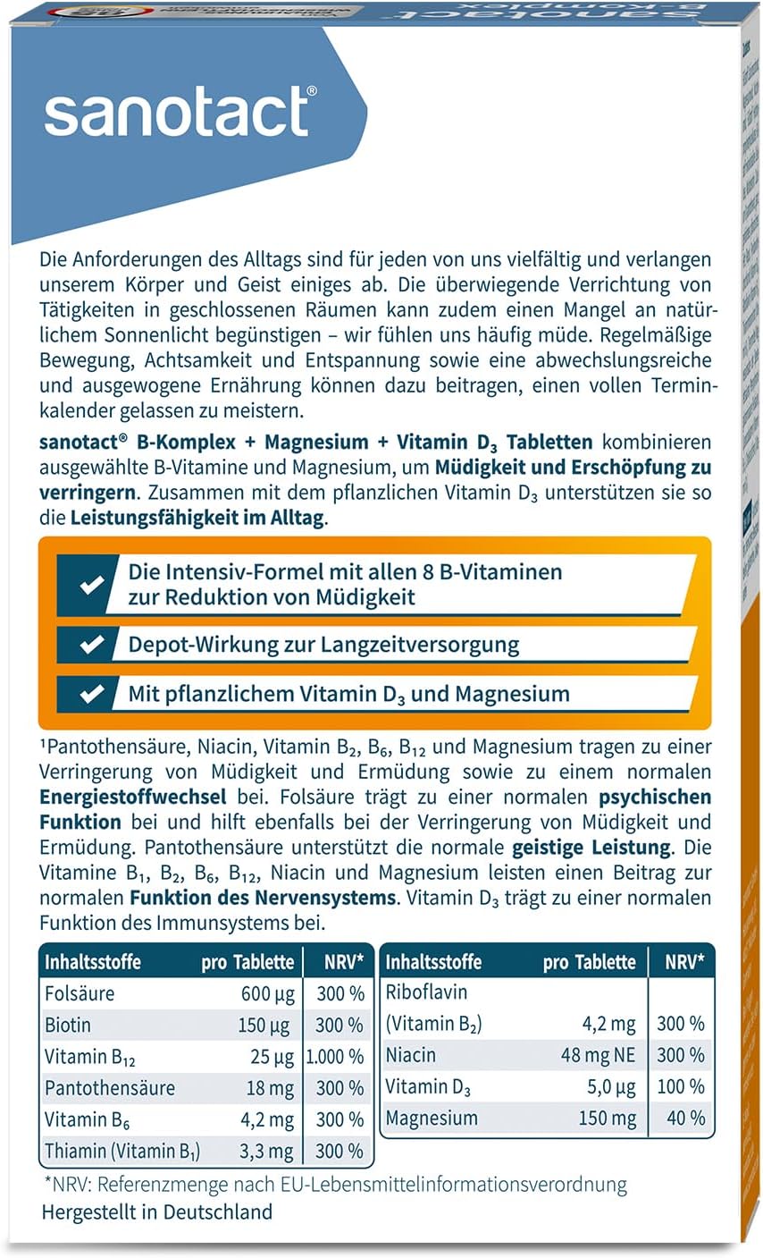 Magnesium Komplex mit B6 & Zink – sanotact B Complex + Magnesium + Vitamin D3 (60 Tablets) • High Dose B Vitamins with Depot & Long-Term Effect • 100% Vegan • Vitamin B1, B2, B6, B12, D3, Biotin, Folic Acid, Magnesium – Bild 2