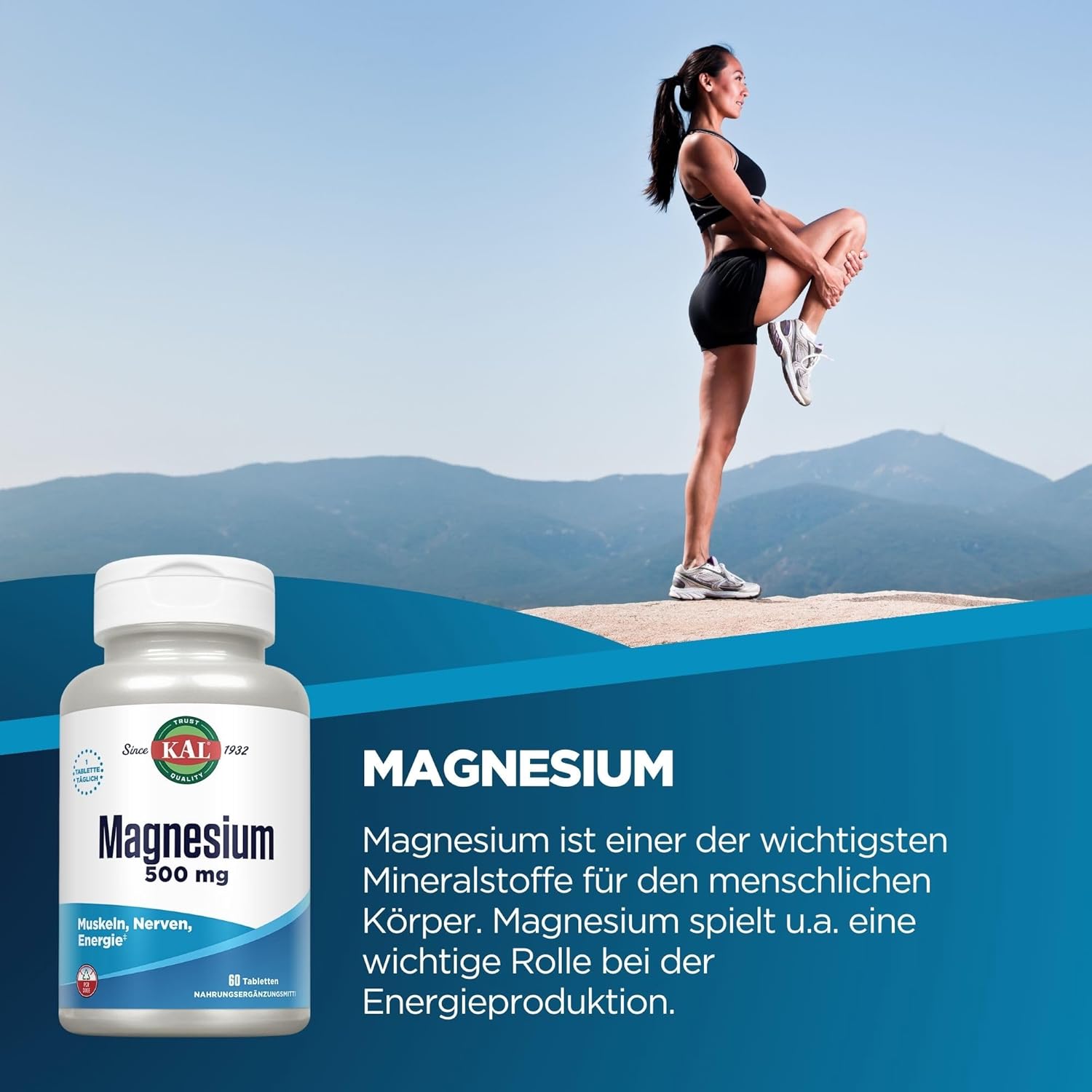 Magnesium 600 mg – KAL Magnesium, 500 mg, 60 tablets, laboratory tested, dietary supplement with L-arginine and L-glutamine, energy production of the body, healthy function of nerves and muscles – Bild 2