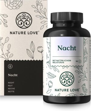 Schlaf-Magnesium mit Melatonin – Natürlich einschlafen & durchschlafen – NATURE LOVE® Nacht - 90 Capsules - with Natural Melatonin, Ashwagandha, Valerian, Lavender and Lemon Balm - 0.5 mg Melatonin per Capsule - Laboratory Tested and Made in Germany