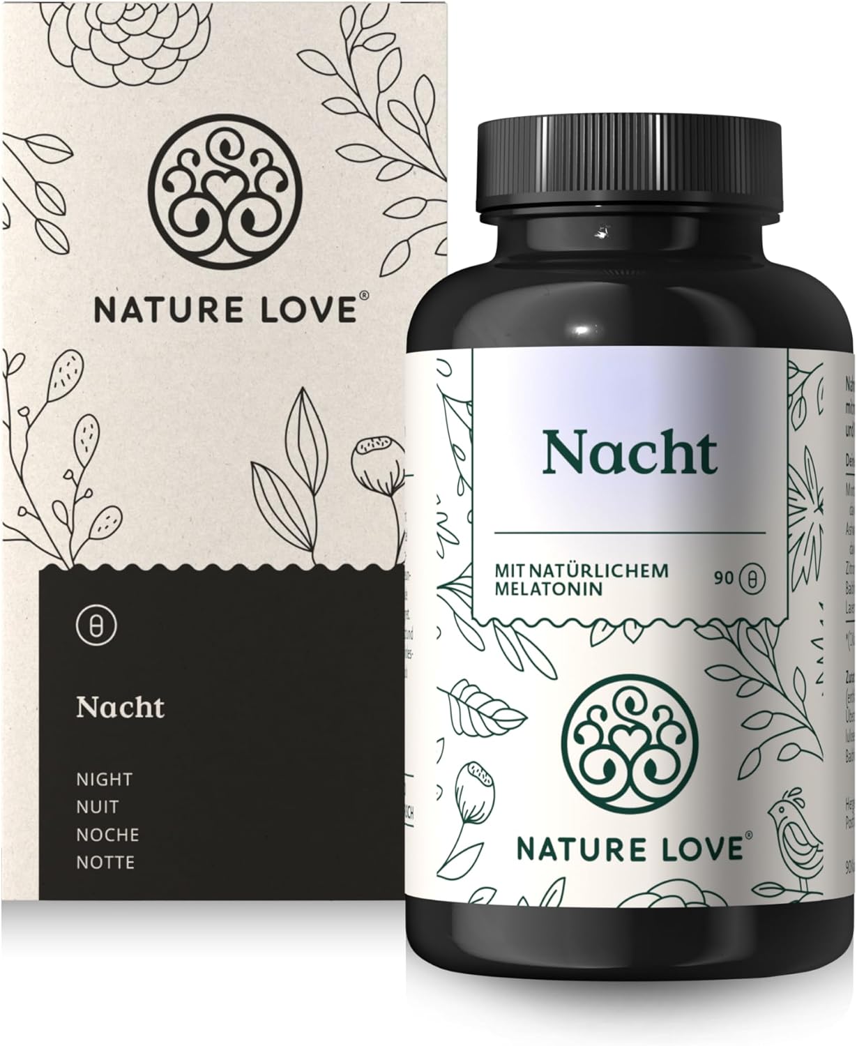 Schlaf-Magnesium mit Melatonin – Natürlich einschlafen & durchschlafen – NATURE LOVE® Nacht - 90 Capsules - with Natural Melatonin, Ashwagandha, Valerian, Lavender and Lemon Balm - 0.5 mg Melatonin per Capsule - Laboratory Tested and Made in Germany