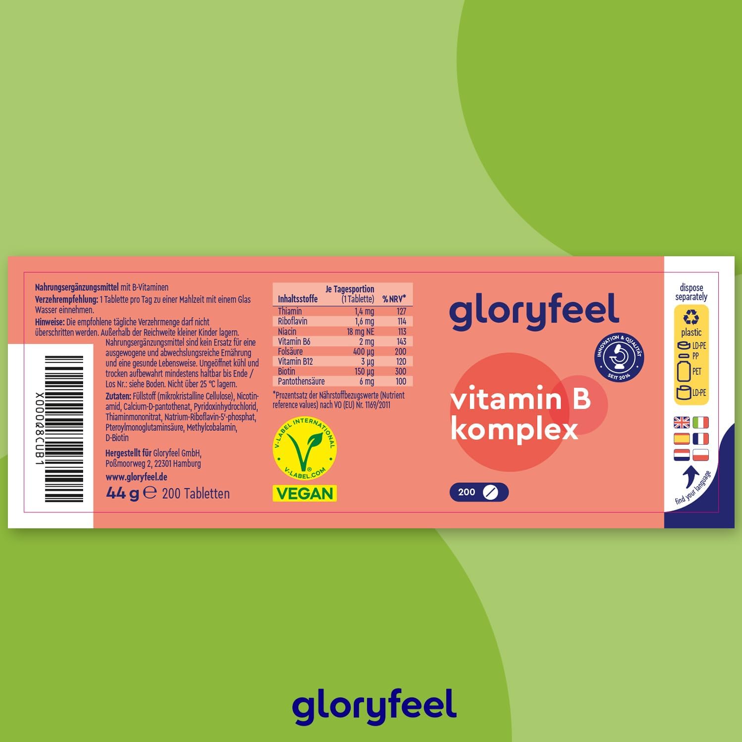 Magnesium Komplex mit B6 & Zink – High-Dose Vitamin B Complex - Winner of the Vitamin B category in a product comparison test run by vergleich1.de in 2019, 200 Tablets - All 8 B Vitamins: B1, B2, B3, B5, B6, B7 (Biotin), B9 (Folic Acid), B12 - Laboratory-tested, No unwanted additives, Made in Germany – Bild 7