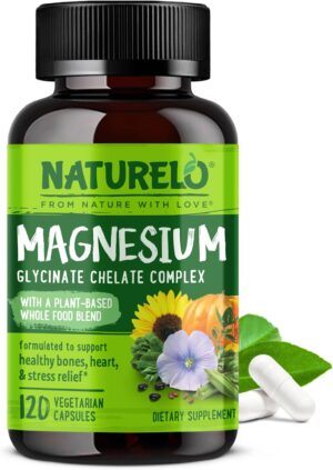 Magnesium 400 mg – NATURELO Magnesium - 200 mg Natural Glycinate & Magnesium-Rich Vegetable Blend - Best Glycinate Dietary Supplement for Energy - Gluten & GMO Free - 120 Vegan Capsules | 4-Month Supply