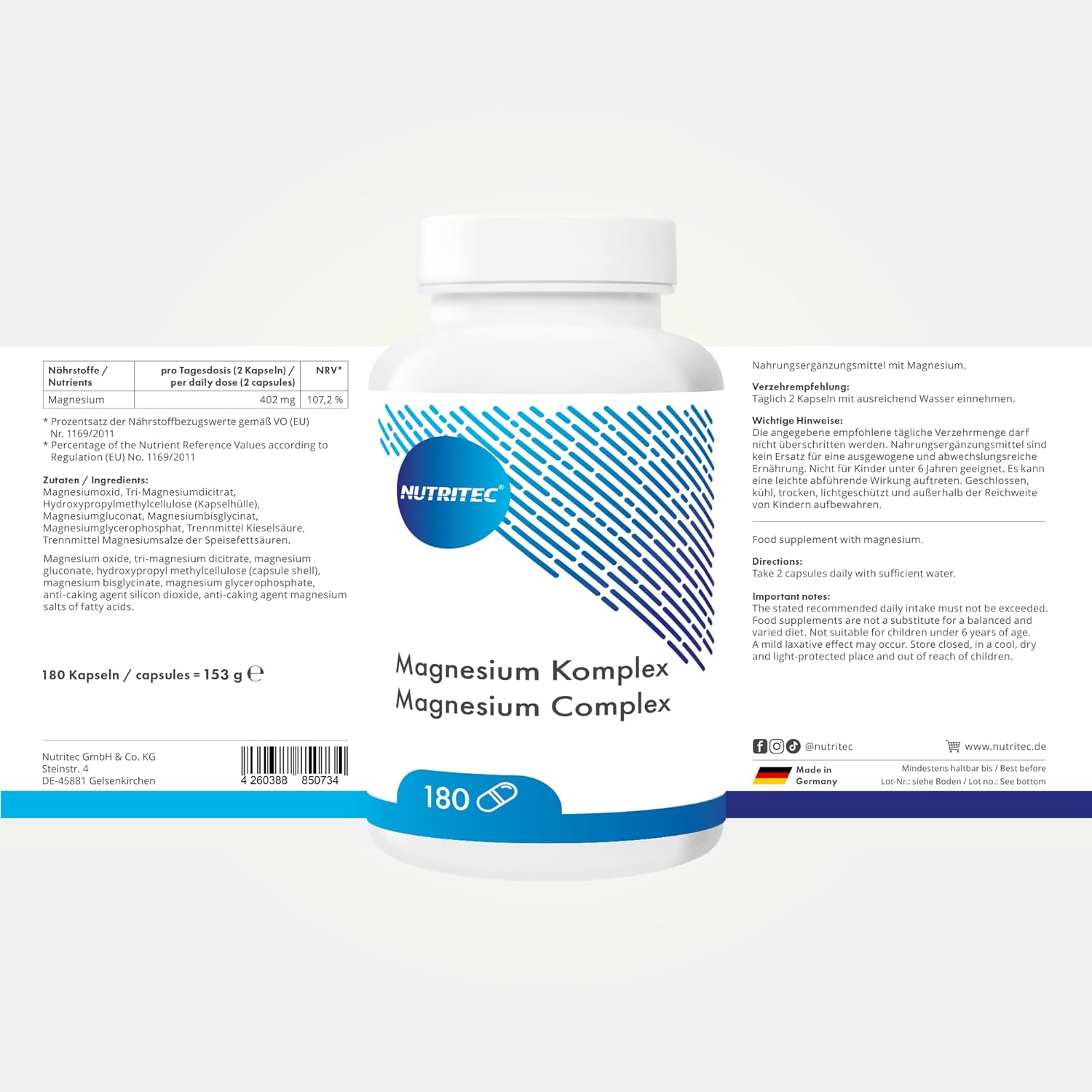 Magnesium 400 mg – Magnesium Complex 180 Caples - Made of Magneisum Gluconate, Magnesium Biscyglinate, Magnesium Dicitrate, Magnesium Oxide, Magnesium Glycerophosphate - High Bioavailability - Vegan – Bild 5