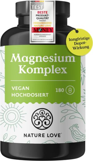 Magnesium Komplex mit B6 & Zink – NATURE LOVE® Magnesium Complex - 180 Capsules - 400 mg Elementary Magnesium per Daily Dose - Magnesium Citrate, Magnesium Oxide, Magnesium Bisglycinate, Magnesium Malate, Magnesium Scorbate – Vegan,