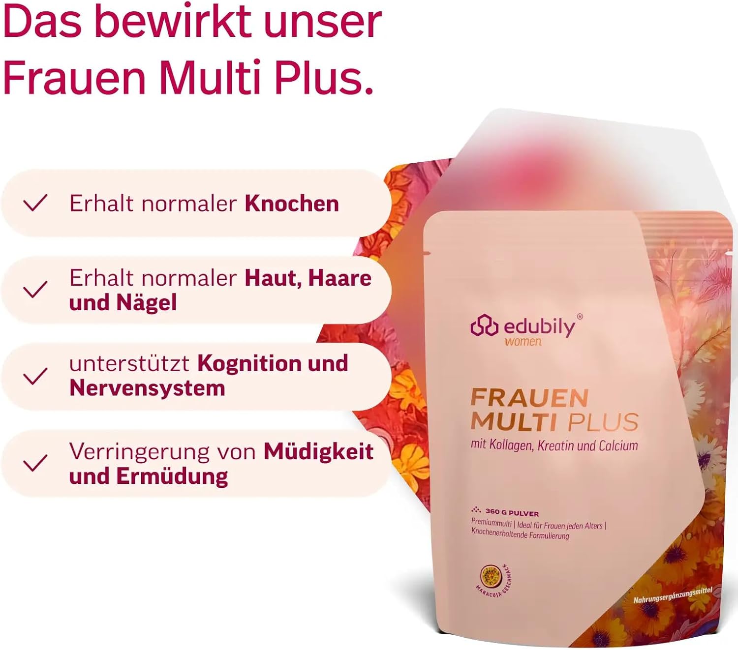 Magnesium Komplex mit B6 & Zink – edubily nutrition Women's Multi Plus - Multivitamin & Mineral Drink for Women - With Calcium, Magnesium, Zinc, Vitamin D & B Vitamins, Creatine, Q10 & Collagen - Sugar Free - 360 g (Passion Fruit) – Bild 2