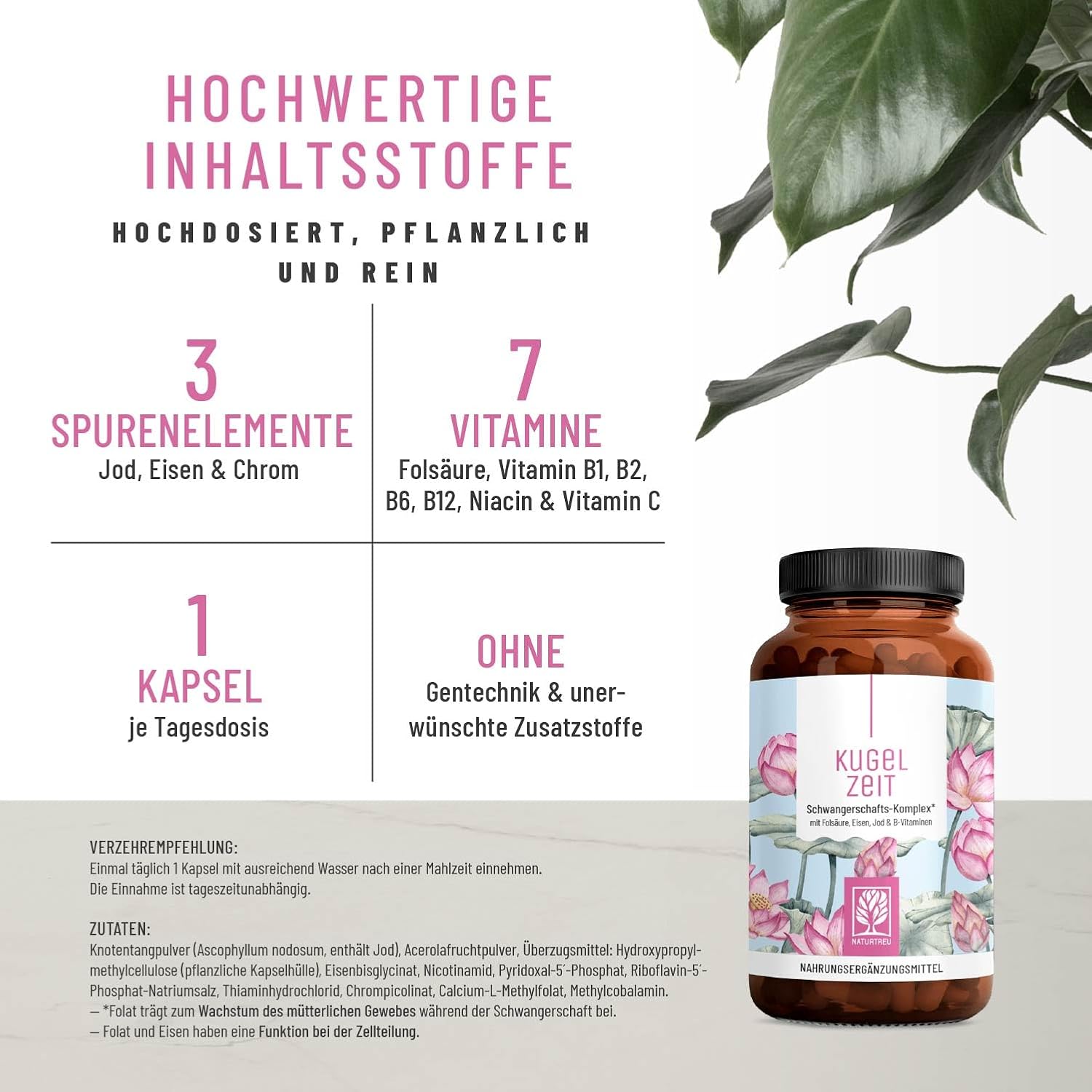 Magnesium Komplex mit B6 & Zink – Pregnancy Vitamins - Complex for All Trimesters with Folate Acid, Chrome, Iron, Iodine & 7 Vitamins Vegan - Support in Pregnancy - Ball Time by Naturtreu® – Bild 2