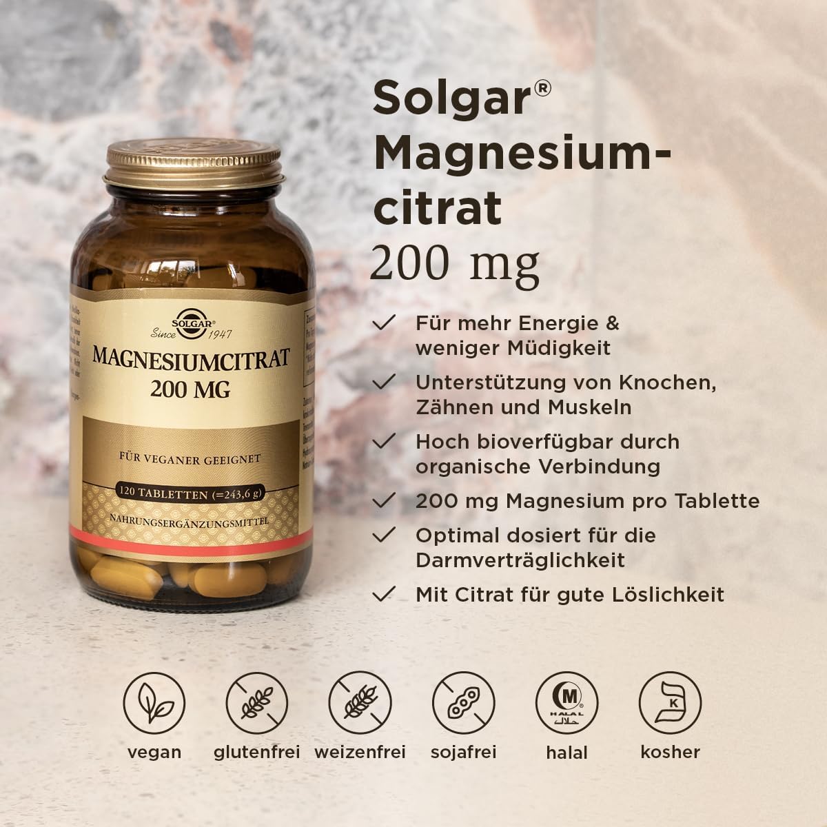 Magnesium 600 mg – SOLGAR® Magnesium Citrate 200 mg | For Energy, Psyche & Muscles | High Bioavailability | 120 Vegan Tablets – Bild 2
