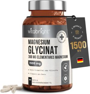 Magnesium 400 mg โ Magnesium Glycinate 180 Capsules, 300 mg Elementary Mg, 1500 mg Per Dose, Magnesium Bisglycinate Powder, Magnesium Glycinate High Dose, No Additives, VitaBright Organic Magnesium Bisglycinate