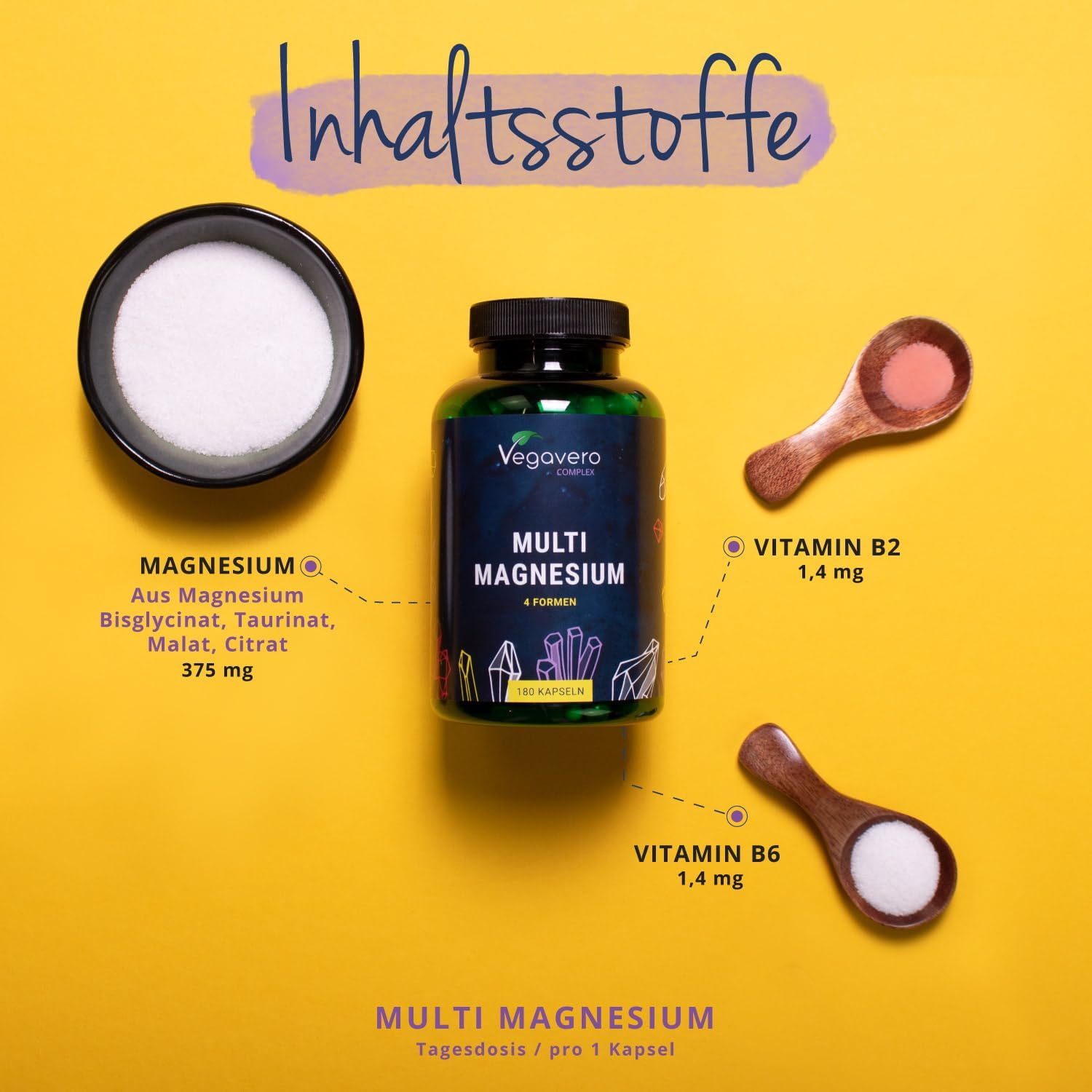 Magnesium 250 mg – Magnesium Complex Vegavero | With 4 Bioactive Forms: Bisglycinate, Taurate, Malate & Citrate | 375 mg & Elementary | Vegan & No Additives | 180 Capsules – Bild 4