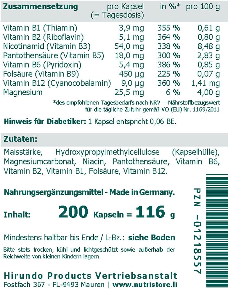 Magnesium Komplex mit B6 & Zink – Vitamin B Complex High Dose Vegan Capsules Pack of 200 - Dietary Supplement with B Vitamins for Metabolism, Nerves, Brain and Skin – Bild 4