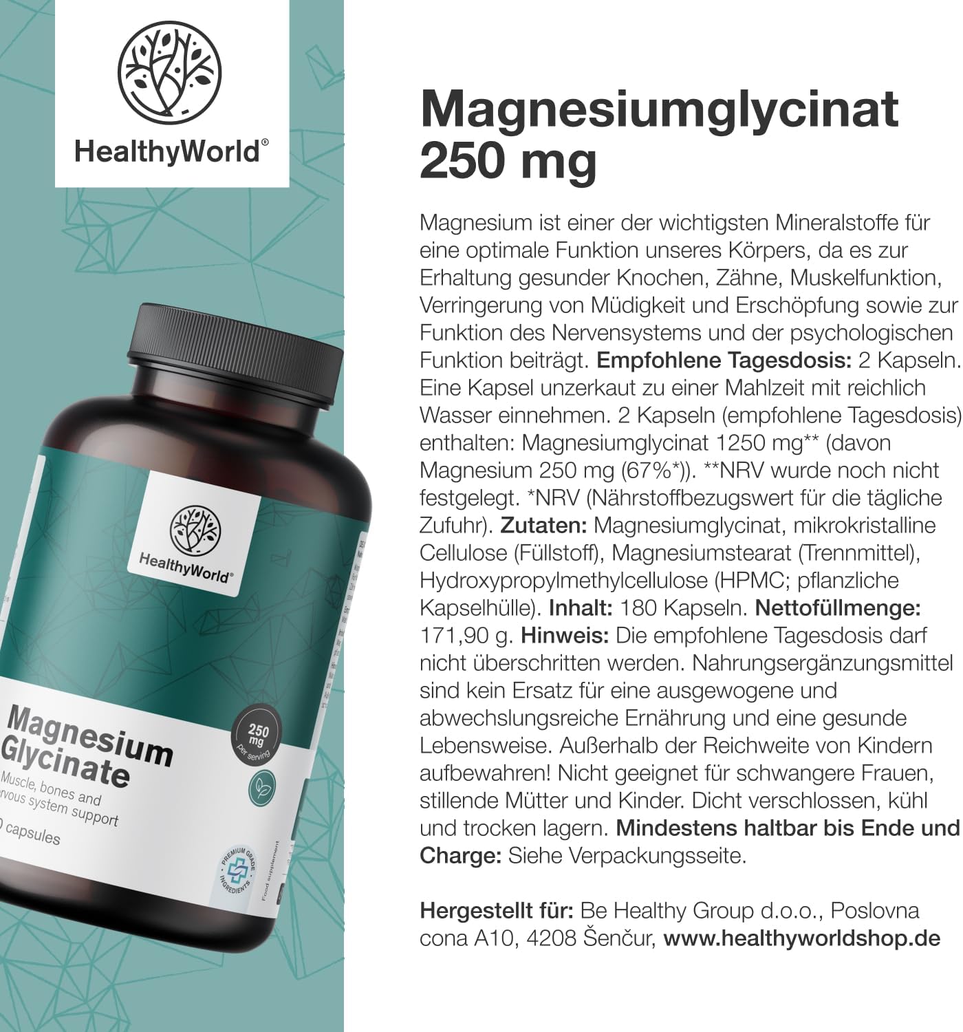 Magnesium 250 mg – Magnesium Glycinate 250 mg - 180 Plant Capsules - For More Energy and Muscle Support - Training, Fitness and Immune System - 125 mg Magnesium per Capsule - 3 Month Supply – Bild 7