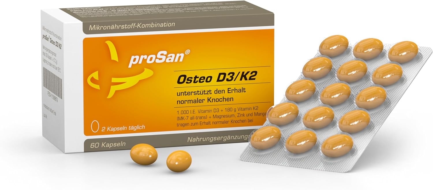 Magnesium Komplex mit B6 & Zink – proSan Osteo D3/K2 (60 Capsules) | Vitamin D3 + Vitamin K2 + Calcium + Magnesium to Maintain Normal Bones + Other Micronutrients | Good to Combine with All Drugs Against Osteoporosis