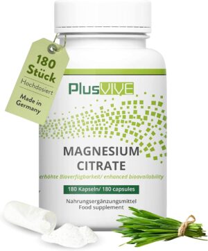 Magnesium 600 mg – PlusVive - Magnesium citrate capsules - high dose with 750 mg magnesium citrate per capsule - 180 vegan capsules - made in Germany