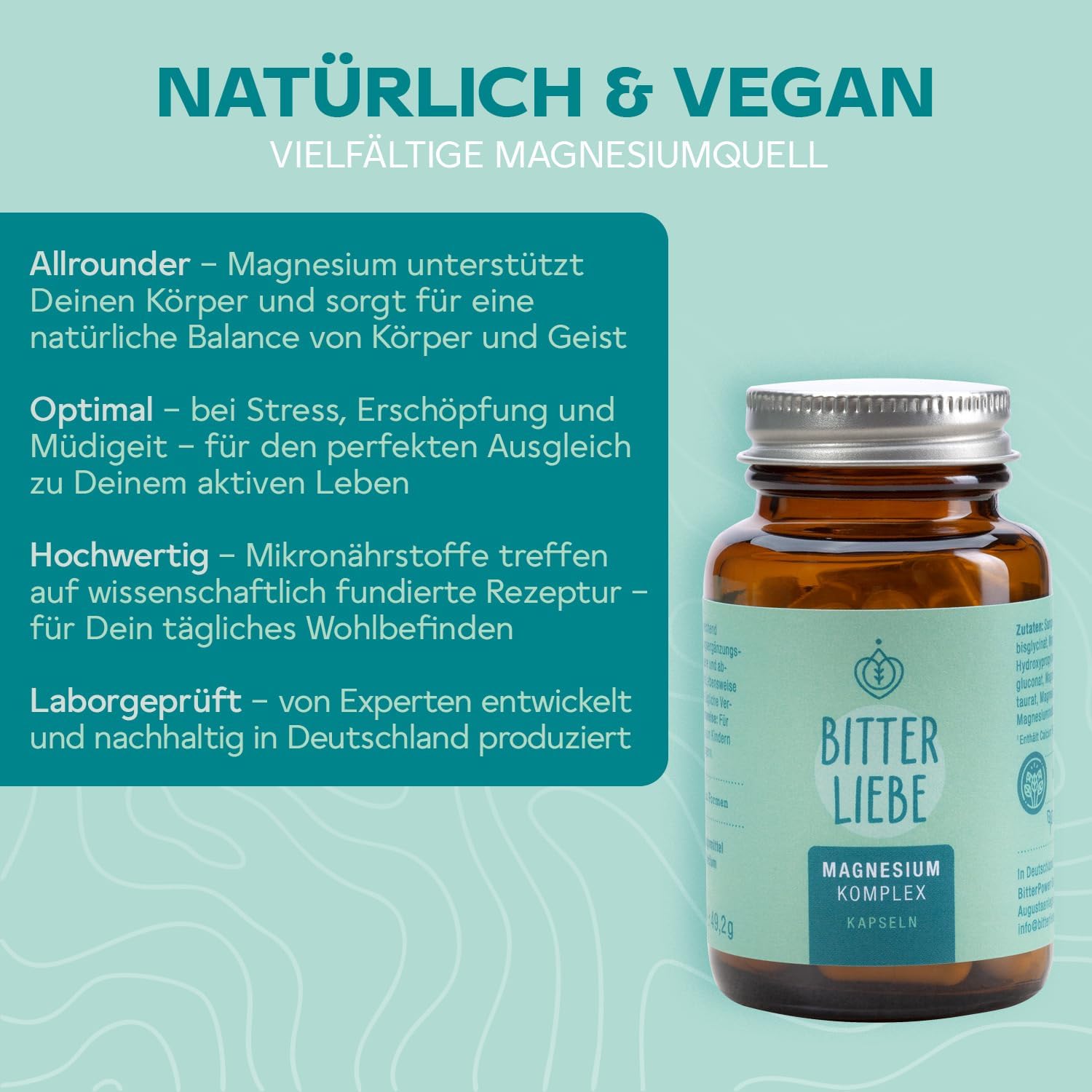 Magnesium Komplex mit B6 & Zink – BitterLiebe - Magnesium Bisglycinate Capsules High Dose - Magnesium Complex with Bisglycinate and Glycinate as Complex as Tablets - Magnesium Bisglycinate and Magnesium Citrate Capsules – Bild 3