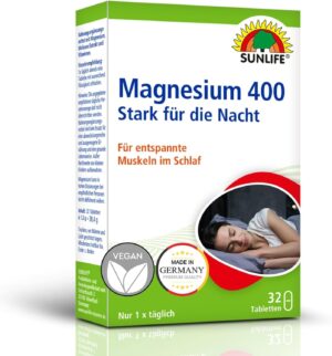 Magnesium 400 mg – SUNLIFE Magnesium 400 Strong for the Night - 1 x 32 Pieces - Magnesium Tablets with Vitamin C, Melissa & Vitamin E - Magnesium 400 mg for Nerves & Muscles - Magnesium High Dose for Sleep