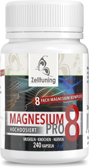 Magnesium Komplex mit B6 & Zink โ Magnesium Complex Pro 8, Optimal Bioavailable, High Dose with Natural Trace Elements, Ideal as a Vitamin D Activator, 240 Small Capsules, Easy to Swallow, Vegan.