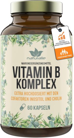 Magnesium Komplex mit B6 & Zink – naturalie® Vitamin B Complex Capsules, High Dose with All Bioactive B Vitamins + Cofactors (Choline, Inositol), Tested for Harmful Substances, No Unnecessary Additives, 60 Capsules in Brown Glass