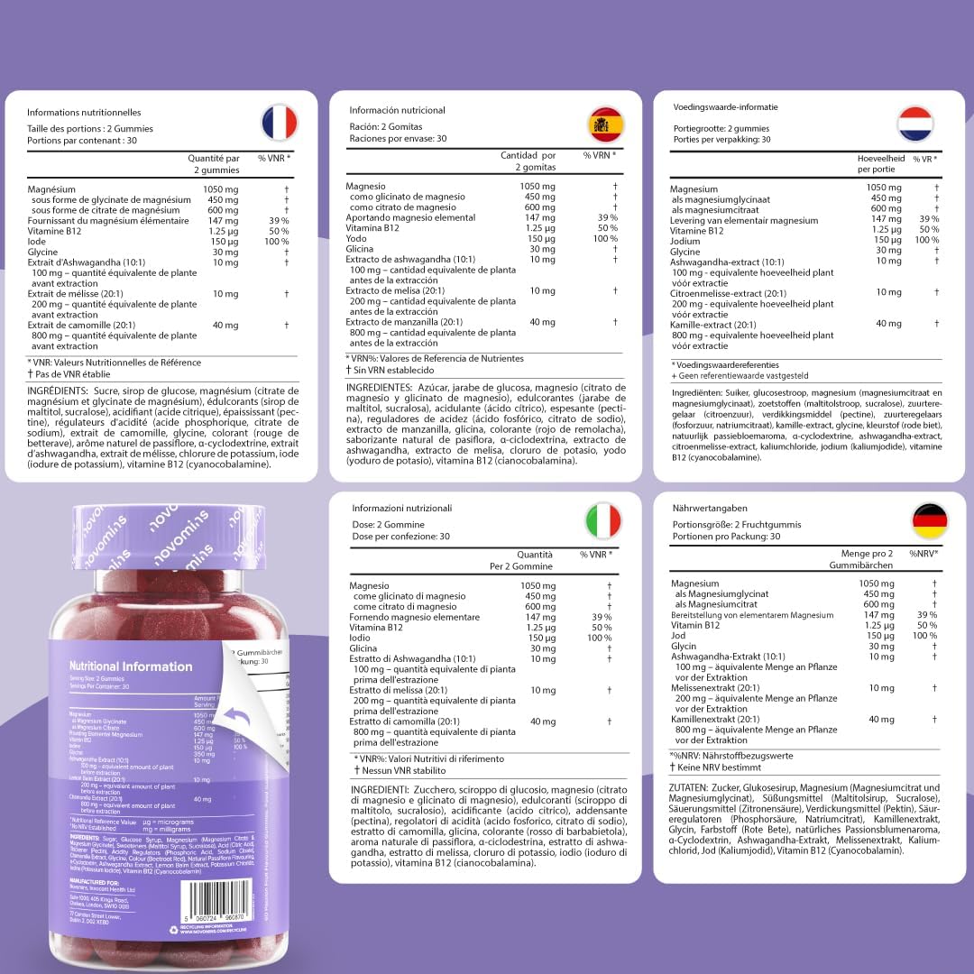 Magnesium Komplex mit B6 & Zink – Calm Gummis mit Magnesiumglycinat – Mit Ashwagandha, Glycin, Zitronenmelisse, Kamille, Vitamin B12 & Jod – Zur Beruhigung & mentalen Balance – 60 Stück – Novomins – Bild 8