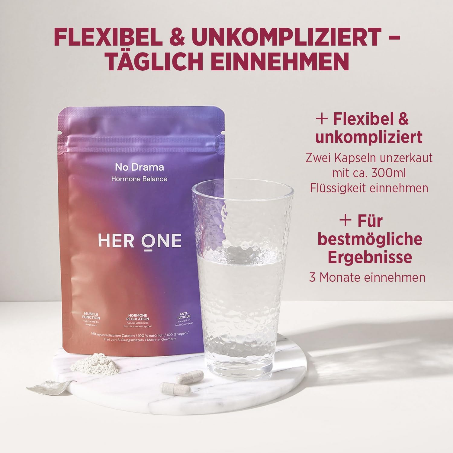 Magnesium Komplex mit B6 & Zink – HER ONE NO DRAMA Hormones & Balance Ashwagandha Capsules with Magnesium Complex, Iron & B Vitamins Ayurveda Ginseng for Women Female Balance Vegan & Gluten Free 100% Natural 60 Capsules – Bild 5