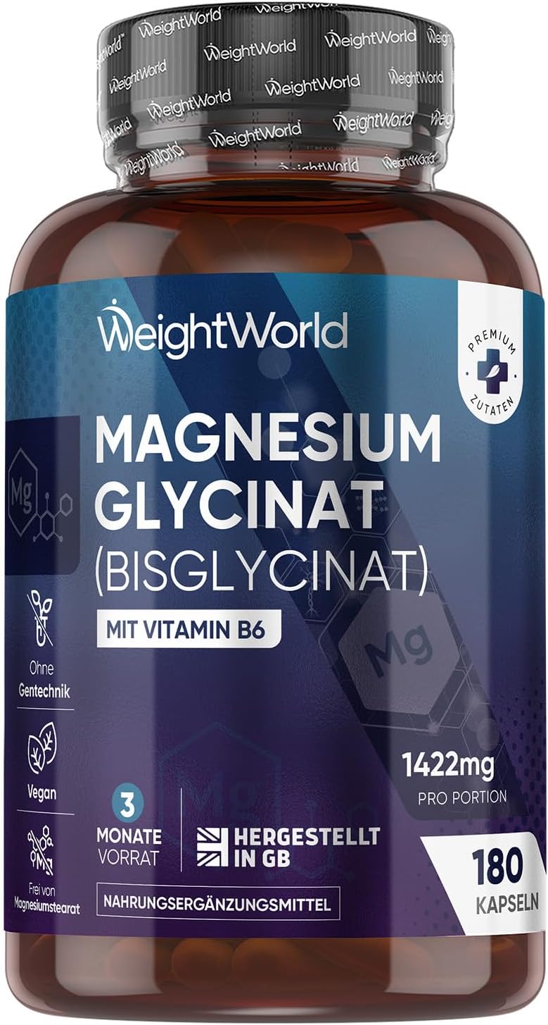 Schlaf-Magnesium mit Melatonin – Natürlich einschlafen & durchschlafen – Magnesium Bisglycinate Capsules - 1420 mg Magnesium Bisglycinate with Vitamin B6-200 mg Element Magnesium - Glycinate Form - 180 Vegan Capsules - 3 Months Supply - Alternative to Powder - WeightWorld
