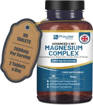 Magnesium Komplex mit B6 & Zink – Magnesium Glycinate Complex 4 in 1 - 2000 mg Per Serving | Precise 400 mg Dose of Elementary Magnesium | With Magnesium Bisglycinate, Citrate, Malate and Taurate | 90 Vegan Tablets - by Prowise
