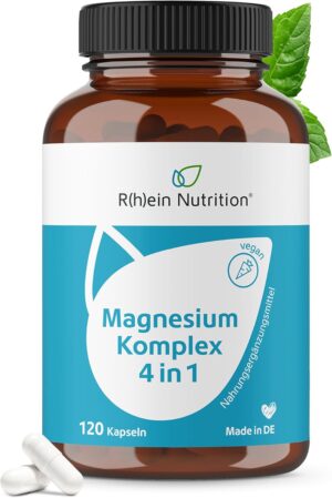 Magnesium Komplex mit B6 & Zink โ Magnesium Complex 4 in 1 - High Dose with 400 mg Magnesium per Daily Dose - Magnesium Citrate - 4 High-Quality Magnesium Compounds - 120 Vegan Capsules - Laboratory Tested in Germany - Rhein Nutrition