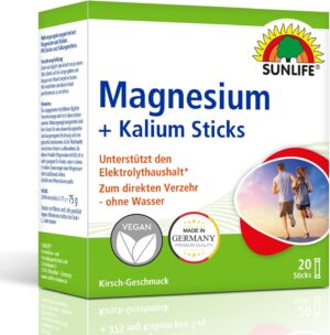 Magnesium 400 mg – SUNLIFE Magnesium & Potassium Sticks 1 x 20 Sticks – Magnesium Potassium with Cherry Flavour – Sticks with 400 mg Magnesium & 375 mg Potassium – Vegan & Gluten-Free – for Quick Direct Consumption