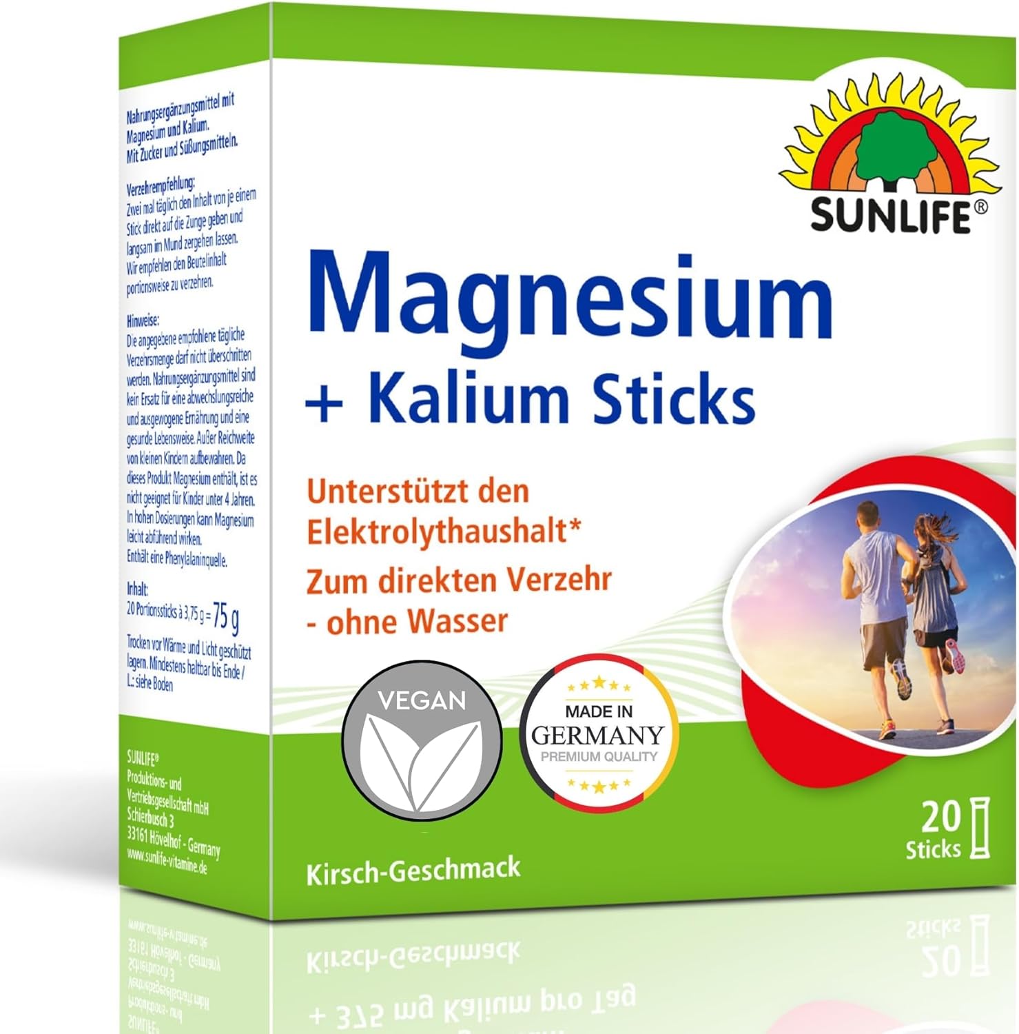 Magnesium 400 mg – SUNLIFE Magnesium & Potassium Sticks 1 x 20 Sticks – Magnesium Potassium with Cherry Flavour – Sticks with 400 mg Magnesium & 375 mg Potassium – Vegan & Gluten-Free – for Quick Direct Consumption