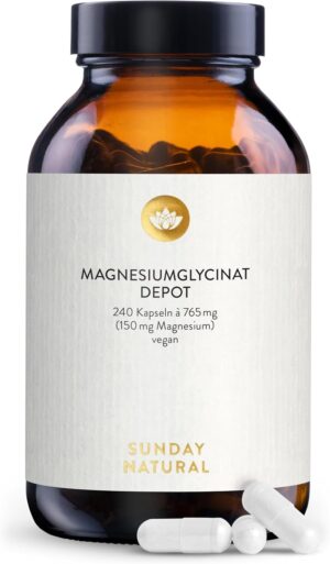 Schlaf-Magnesium mit Melatonin – Natürlich einschlafen & durchschlafen – SUNDAY NATURAL Magnesium Bisglycinate - 240 Capsules - 300 mg Pure Magnesium per Daily Dose, High Dose - Depot Magnesium Glycinate as Organic Amino Acid Chelate - Laboratory Tested, Vegan
