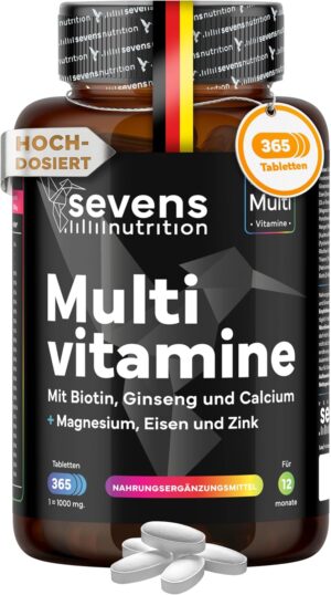 Magnesium Komplex mit B6 & Zink โ Sevens Multivitamin Premium - 365 Multivitamin Tablets High Dose - With Magnesium, Zinc, Vitamin B Complex, Vitamin D & Biotin - With 26 Vitamins & Minerals - 1 Year Supply - Laboratory Tested