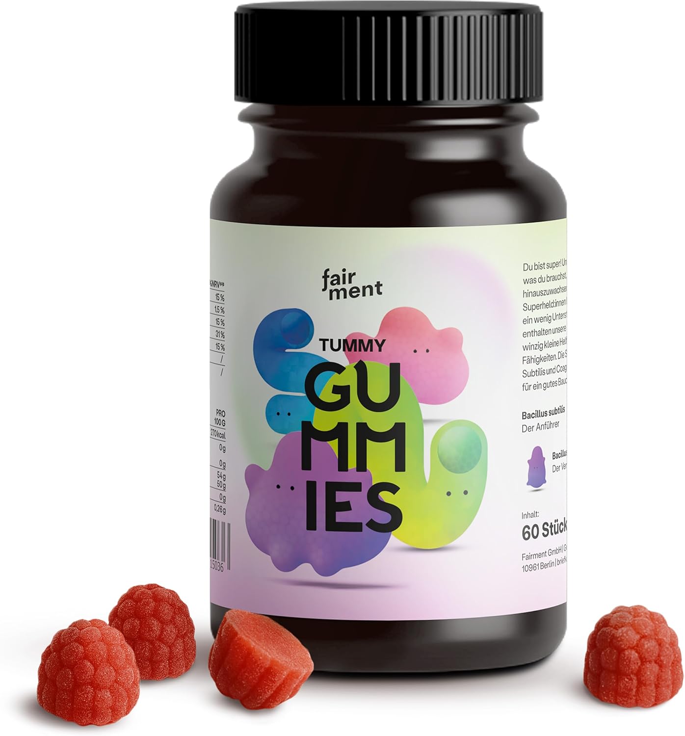 Magnesium Komplex mit B6 & Zink – fairment Tummy Gummies Gummies with Probiotic Cultures Bacillus Subtilis and Bacillus Coagulans with Magnesium, Zinc, Vitamin B2 and B12-60 Gummies