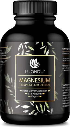 Magnesium 400 mg – Luondu Magnesium Citrate 375 Capsules High Dose - 2250 mg of which 360 mg Elementary Magnesium per Daily Dose I Magnesium Citrate Vegan without Additives Made in Germany - Packaging May Vary