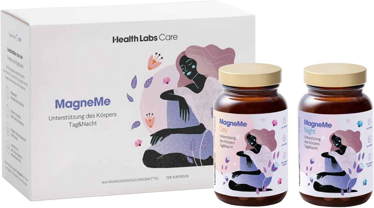 Schlaf-Magnesium mit Melatonin – Natürlich einschlafen & durchschlafen – Health Labs Care MagneMe Day and Night - Magnesium with Vitamin B6-4 Magnesium Forms: Citrate, Bisglycinate, Taurate & Malate - High Dose - Vegan - Laboratory Tested - 120 Capsules