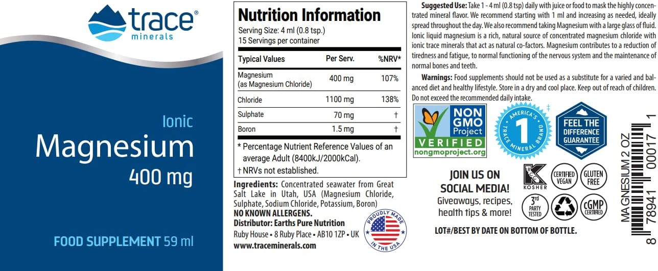 Magnesium 400 mg – Trace Minerals Liquid Ionic Magnesium Supplement - 2ml Low Sodium Dietary Supplement - Ultra Concentrated 400mg Magnesium – Bild 2