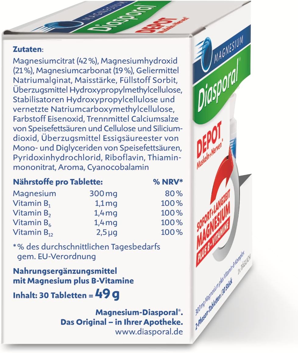 Magnesium Komplex mit B6 & Zink – MAGNESIUM-DIASPORAL® Pro Depot Muscles and Nerves, 300 mg Magnesium & Vitamin B Complex, 2-Phase Depot for Instant and Long-Term Release, Vegan, Gluten-Free & Lactose Free, 30 Tablets – Bild 8
