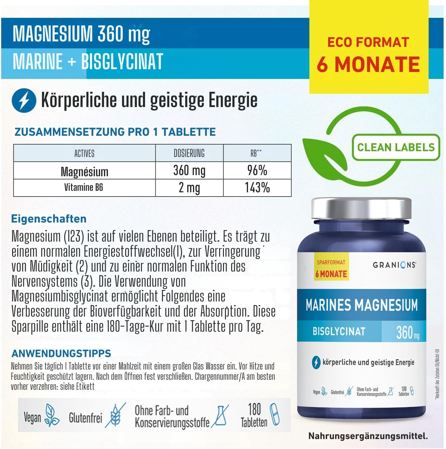 Magnesium Komplex mit B6 & Zink – Magnesium Complex 360 mg - 180 Tablets - 6 Month Supply Bisglycinate & Vitamin B6 - High Dose Magnesium for Muscles - Vitamin B Complex - Anti-Stress GRANIONS – Bild 2
