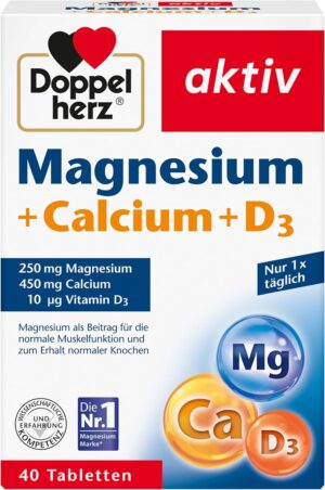 Magnesium 250 mg – Doppelherz Magnesium + Calcium + D3 - For normal muscle function and normal bone retention - 1 x 40 tablets