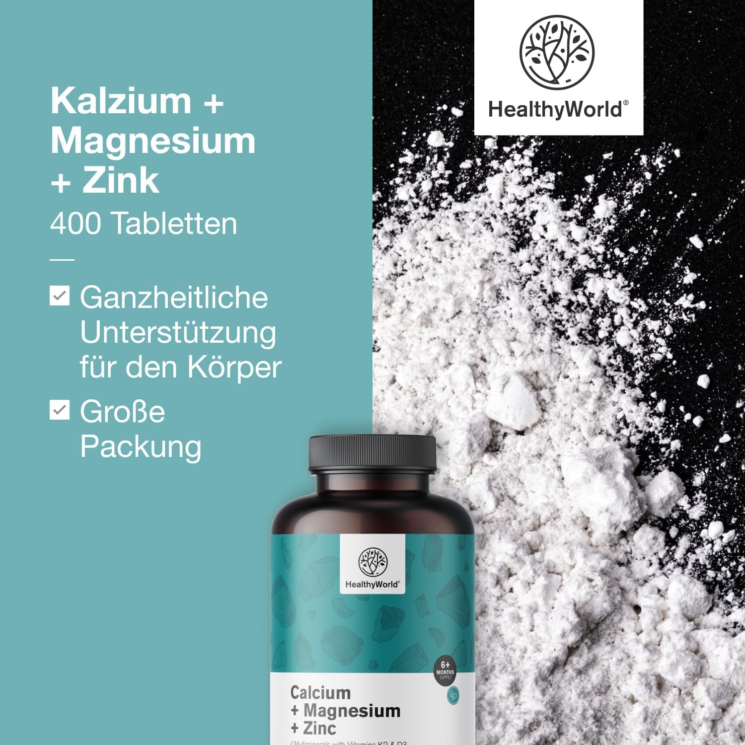 Magnesium Komplex mit B6 & Zink – Calcium + Magnesium + Zinc - Complex with 2 Vitamins & 7 Minerals - 400 Tablets - With Vitamin D3 & K2 - Support for Vitality & Immune System - More Than 6 Months Supply – Bild 2